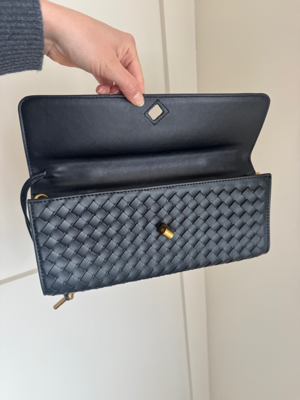Woven Black Leather Top-Handle Clutch - Picture 6 of 7